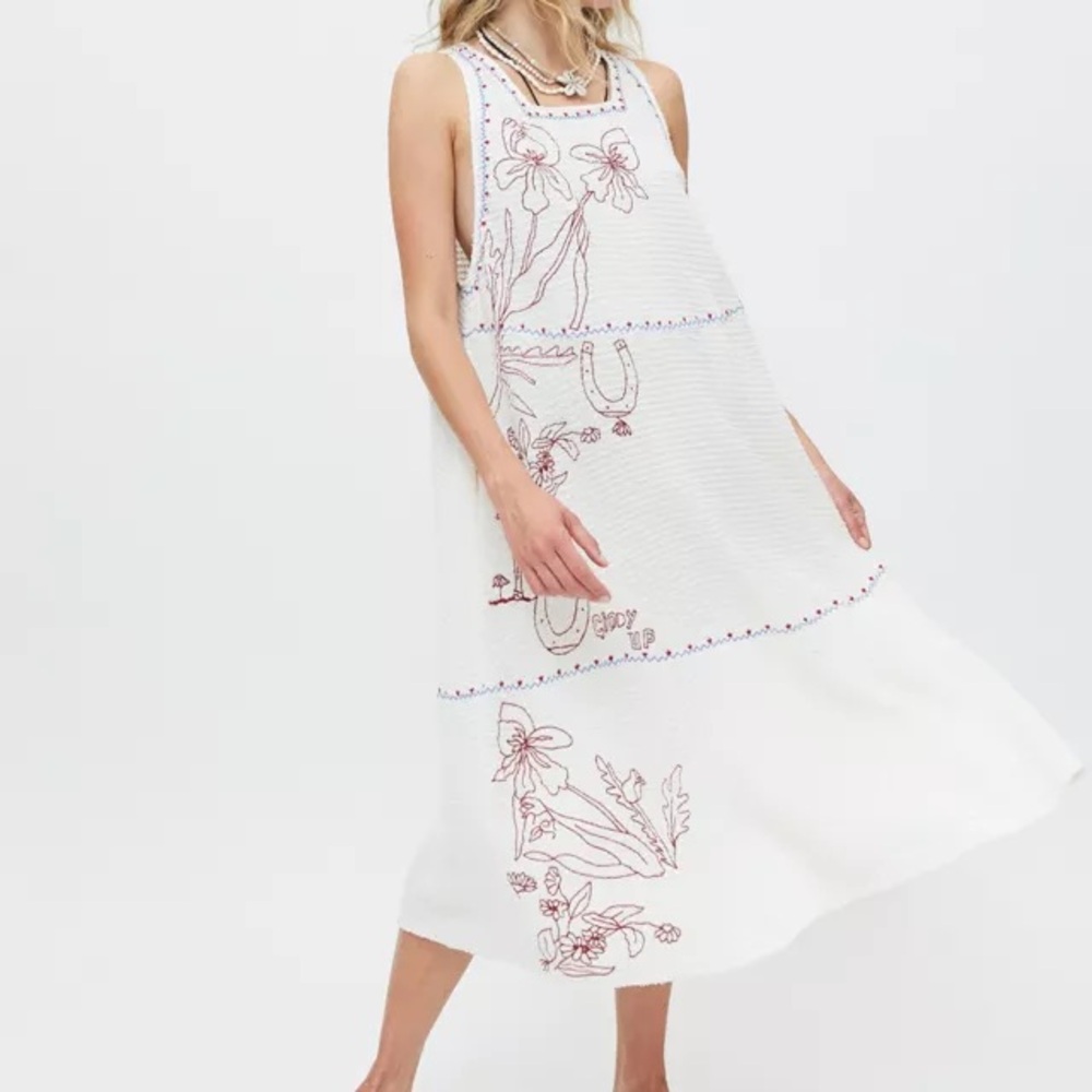 Kimchi Blue White Midi Dress with Floral Embroidery